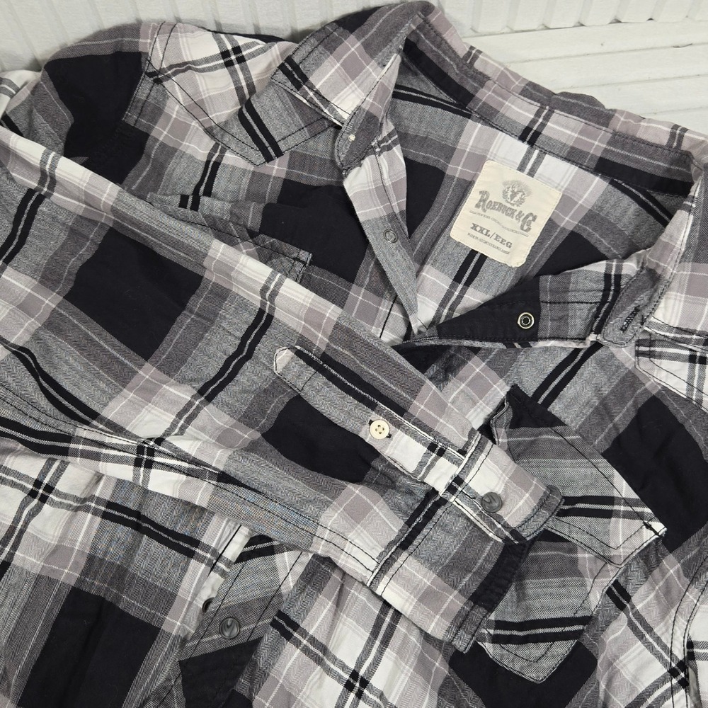 Roebuck & Co Mens Plaid Snap Front Western Shirt XXL XXXL Black‎ Grey White
